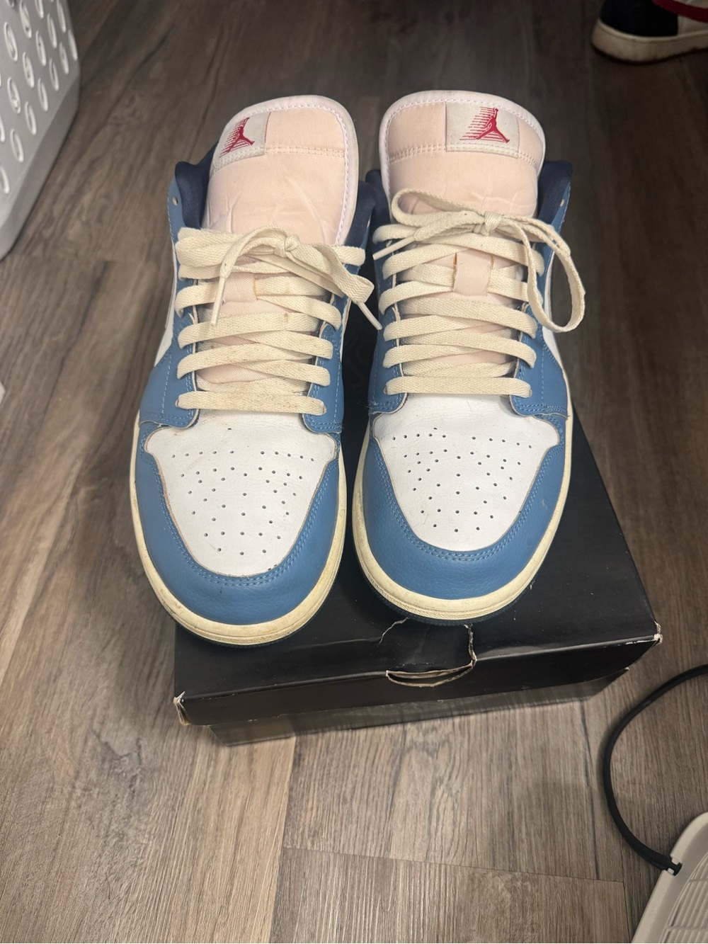 Jordan 1 Low Sneakers in Blue, White, Red